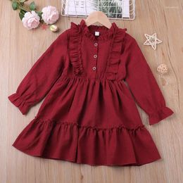 Meisje jurken babymeisjes jaar kleding 2024 lente fancy vintage rode rode lange mouw ruches prinses jurk voor kinderen casual 2 4 6y