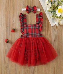 Robes de fille bébé maille robe rouge été décontracté Plaid harnais jupe avec Turban manches combinaison bandeau ensemble pour les tout-petits2828527