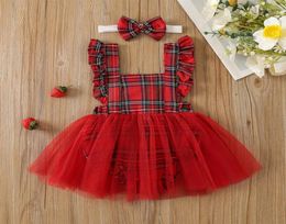 Robes de fille Baby Mesh Robe rouge Summer Casual Plaid Harness Jupe avec Turban Sleeve Jumps Cuit Band Band pour Toddlers8178334