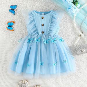 Robes de fille Baby Princess Robe Ruffle Sans manches bouton avant 3D Butterfly Tulle Toddler Party