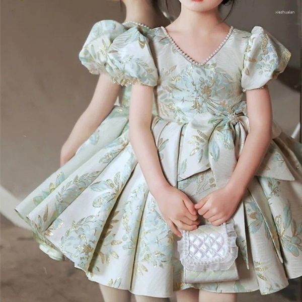 Robes de fille bébé princesse soie perle robe à col floral manches courtes bouffantes enfant vintage arc robe fête concours anniversaire robes 1-12 ans