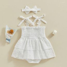 Jurken voor meisjes Baby rompertje Jurk Oogje Bloem Strik Vastbindbandjes Rok Zoom Baby bodysuit Zomeroutfit met hoofdband