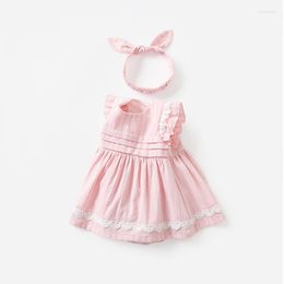 Meisje jurken baby romper jurk met haarband 2023 zomer mode flutter mouw zoet roze jumpsuit onesie baby kinderkleding