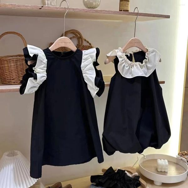 Vestidos para niña, vestido para niña, moda de verano 2023, manga voladora pequeña negra o falda de burbuja en contraste, princesa