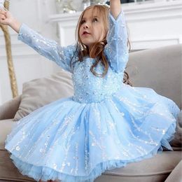 Robes de fille pour bébé, jupe de fête, avec manches d'illusion, en dentelle, robe de bal moelleuse, fête formelle, mariée Junior