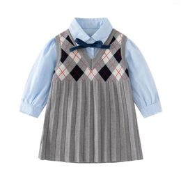 Meisjesjurken baby lente/herfst kleding katoen blauw shirt college stijl grijs geruit geplooid gebreide vest jurk vestido 1-5 jaar
