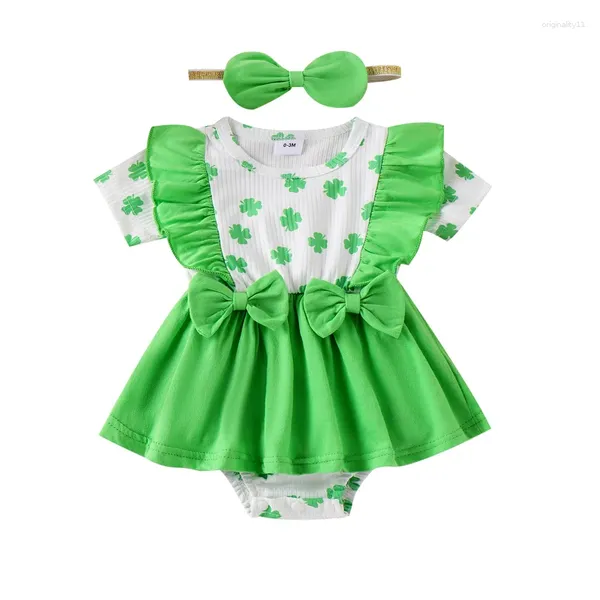 Robes pour filles, tenues de pâques St Patrick, manches courtes, col rond, trèfle, barboteuse, vêtements d'été pour nourrissons