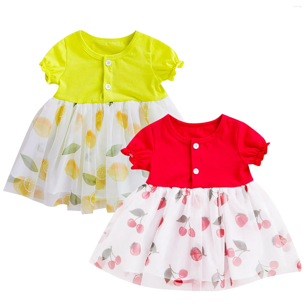 Vestidos de niña Vestido de verano para bebé Estampado de limón y cereza Pequeño cuello redondo fresco Manga corta Un columpio plisado para niños Tenis para niñas grandes