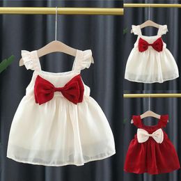 Meisje jurken baby zomerjurk stevige kleur mouw een lijn met bowknot decoratie lass tee shirt zak