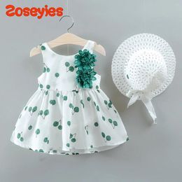 Robes de fille bébé robe d'été douce couche sans manches rond du cou rond grand arc princesse est livré avec le même chapeau adapté à 0-3 ans