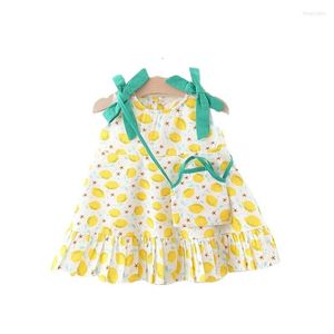 Fille robes bébé été robe de princesse coréen mignon arc citron imprimé sans manches coton petites filles envoyer cartable sac né vêtements