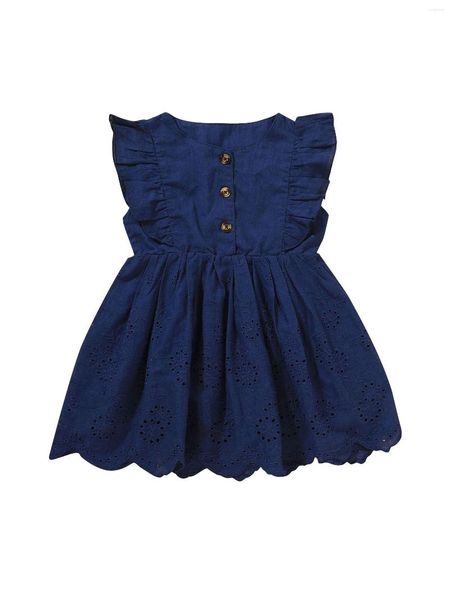 Robes d'été pour bébés filles, couleur unie, col rond, sans manches, jupe pull à volants avec boutons, pour petites filles, bleu foncé