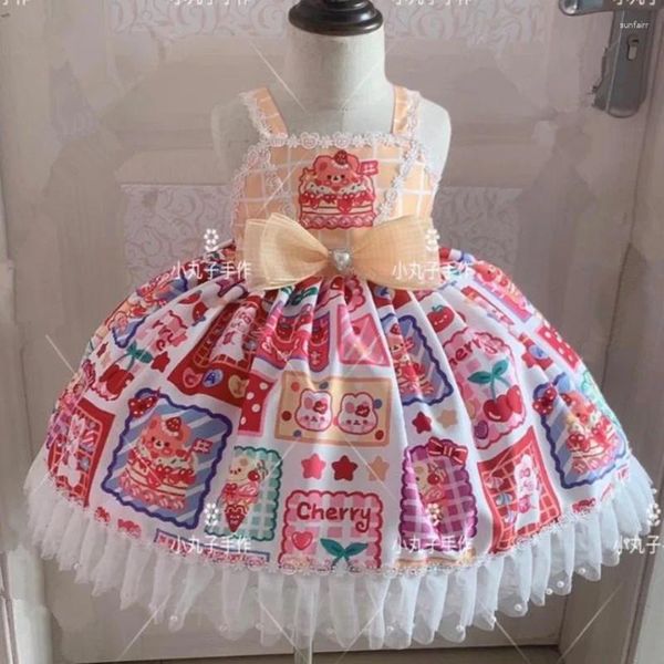 Vestidos de niña bebé verano Vintage español agradable arco Stap impreso vestido de Lolita niños costura de encaje pavo vestido de fiesta de cumpleaños