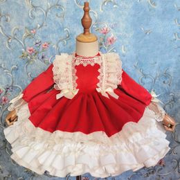 Robes de fille bébé Vinatge espagnol angleterre robe enfants rouge velours dentelle couture fête d'anniversaire robe de bal princesse