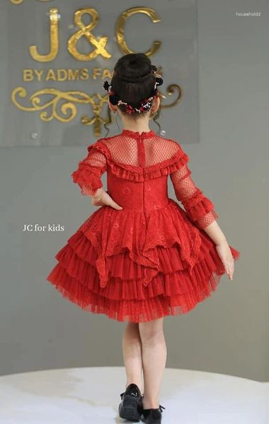 Robes de fille BABYONLINE robe de fleur princesse col haut corsage en dentelle rouge avec jupe moelleuse robe de bal fête de mariage Junior Bridemini
