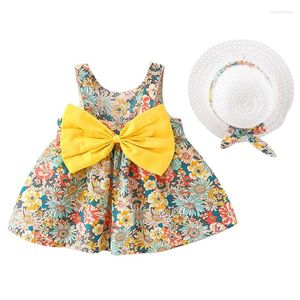 Meisje jurken Babzapleume zomer peuter kleding mode bloemen kleden schattige boog mouwloze prinses strand geboren baby sunhat 136