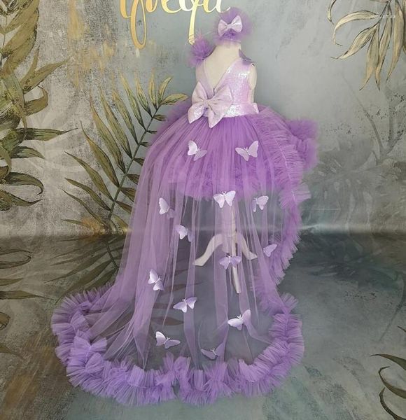 Fille robes robe de bal lilas Tulle fleur 3D papillons O cou bébé robe enfants fête d'anniversaire noël Long Train