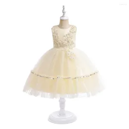 Fille habille des applications de bal de bal de perles fleurs fleures champagne chanches sans manches concours de mariage robe courte robe courte 4-7 ans