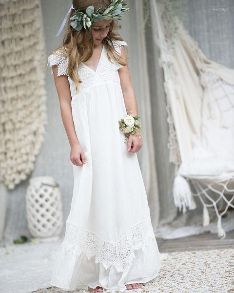 Vestidos de niña Playa Boho Vestido de flores para niñas Marfil Encaje Largo Cuello en V Una línea Verano Niños Ropa de fiesta Vestidos de dama de honor junior