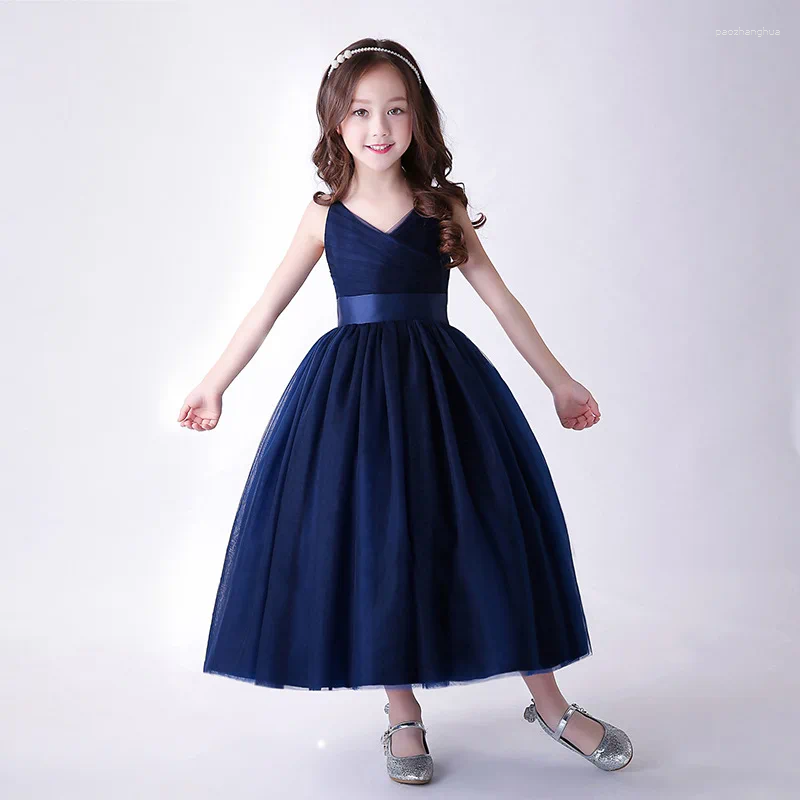 Girl Dresses Beach Party Long Dress Wedding Navy Blue Birthday Vestido De Festa Longo 4 6 8 10 12 14 Years Old Girls Clothes RKF184034