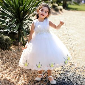 Fille Robes Perles Fleur Tulle Né Baptême Princesse Vestidos Toddler Anniversaire Enfants Baptême Bébé Vêtements Robe D'été 1 An