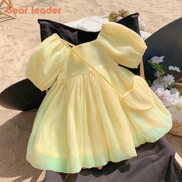 Vestidos de niña oso líder niñas vestido de verano moda Puff manga dulce princesa fiesta niños ropa con bolsa de amor traje