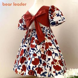 Vestidos de niña Bear Leader, vestido de verano, trajes 2024 para niñas, princesa Floral, sin espalda, lazo, manga abombada, moda para 3-11 años