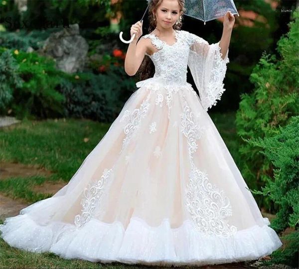 Vestidos de niña, flor de encaje de tul Beige para boda, ropa para niños, vestido de primera comunión para desfile, talla 2-16 años