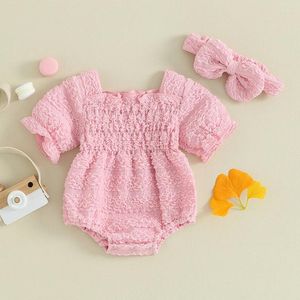 BeQeuell Baby 2-delige outfits Effen Kleur Ruches Rompertje met korte mouwen en schattige hoofdband Set Zomerkleding voor 0-18 maanden