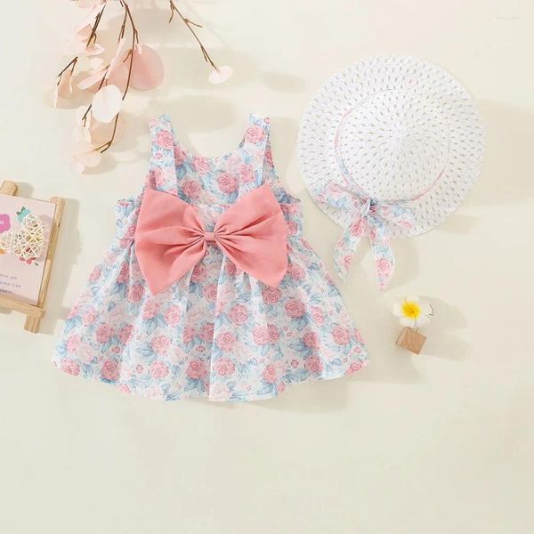 Vestidos de niña con lazo grande, Vestidos para niñas, flores fragmentadas, Pastoral coreana, ropa de bebé con correa bonita de verano