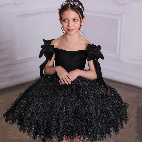 Vestidos de niña Negro Negro Tuello Preciosa Flower Plumas Reveren el hombro Vestido de vestidos de pelota