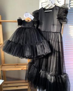 Robes de fille noir mignon bébé robe Tulle Satin O cou fleur enfant anniversaire robe de concours