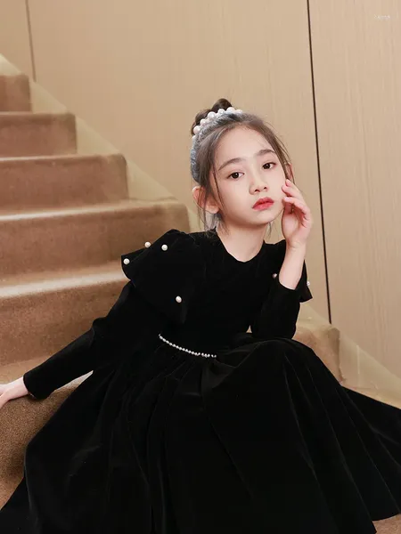 Vestidos de niña vestido de noche negro ligero de lujo princesa de gama alta niños cumpleaños disfraz de actuación de Piano