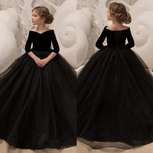 Robes de fille Robe à fleurs noire Robe de bal enfants Pageant avec demi-manches élégantes âgés de 1 à 14 ans Robe première Communion même fête