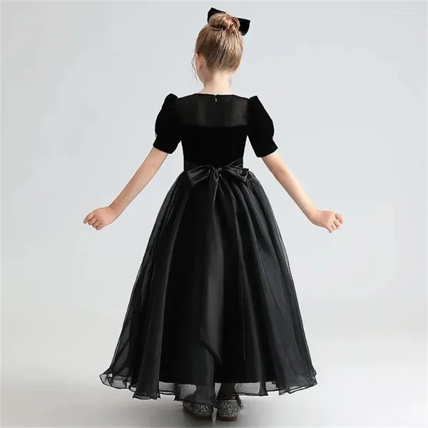 Robes de fille robe de fleur noire manches courtes gonflées longue longueur princesse enfants pour la fête d'anniversaire de mariage robes de bal de première communion