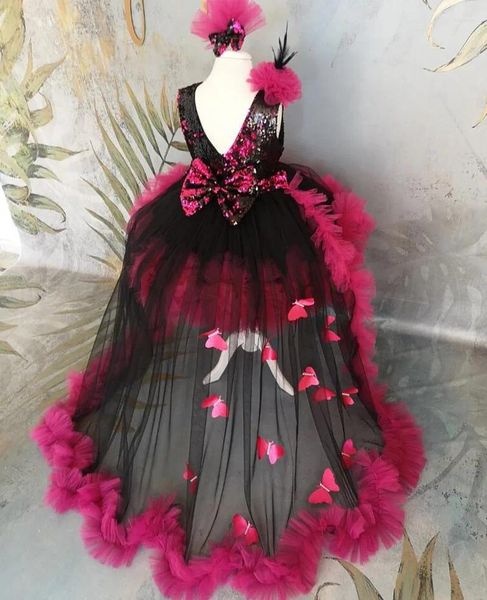 Robes de fille noir paillettes fête bébé filles robe enfant en bas âge Tutu anniversaire princesse avec train détachable mariage bal robe de noël