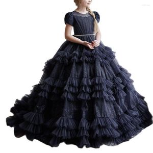 Vestidos de niña Falda de primera comunión con gradas negras Elegante en capas Ángel Princesa Vestido de flores Fiesta de bodas Vestidos de fiesta para niños Hecho a mano