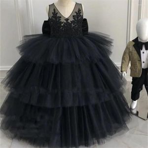 Fille Robes Noir Tulle Enfant Robe De Fête Arc Fleur Filles Robe Pour Mariage Anniversaire Princesse Dentelle Première Communion Cadeau