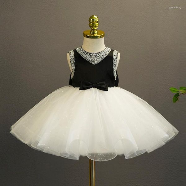 Robes de fille Noir Blanc Paillettes Tulle Perlé Robe De Fleur Formelle Pour Enfants Occasion Spéciale Fête De Mariage Pageant Anniversaire Robe De Bal