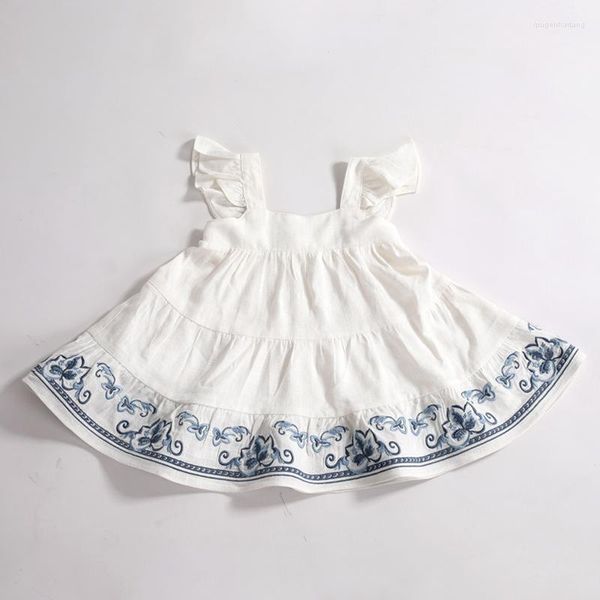 Vestidos de niña azul y blanco bordado de porcelana vestido de niñas verano suave transpirable niño playa princesa disfraces 1-6T Vestidos