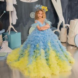 Vestidos de niña Flor azul y amarilla para la boda Niños Fiesta Girlas Princesa Princesa Feather Baby Prom Gowns