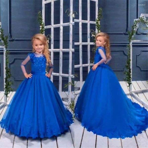 Vestidos de niña Vestido de flores con estampado de encaje de tul de ángel azul Exquisito baile de princesa Primera comunión Ki0ds Regalo de cumpleaños sorpresa