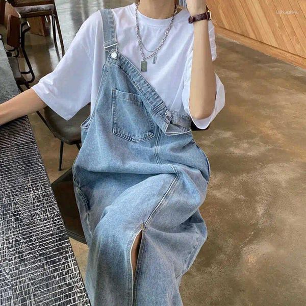 Robes de fille Blue Denim Soscenten Kid Hobe Femme sans manches Strap vintage des dames coréennes poche printemps d'été