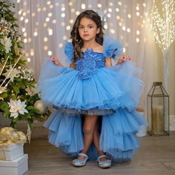 Robes de fille bleu élégant fleur pour mariage couches Tulle gonflé enfants fête d'anniversaire première Communion robe princesse robe de bal