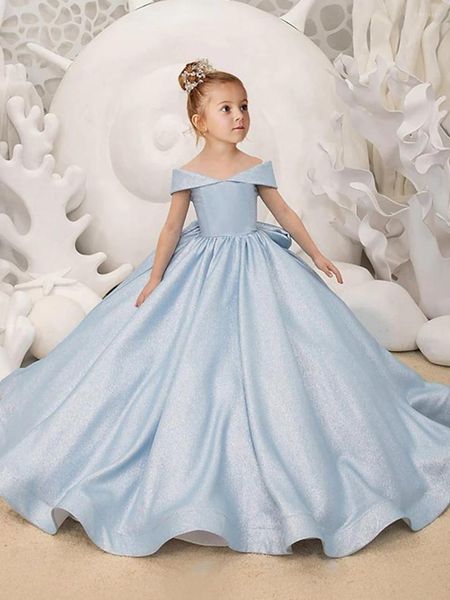 Fille robes bleu fleur élégante princesse Satin robe de bal pour enfants robe de fête d'anniversaire Simple arc première Communion