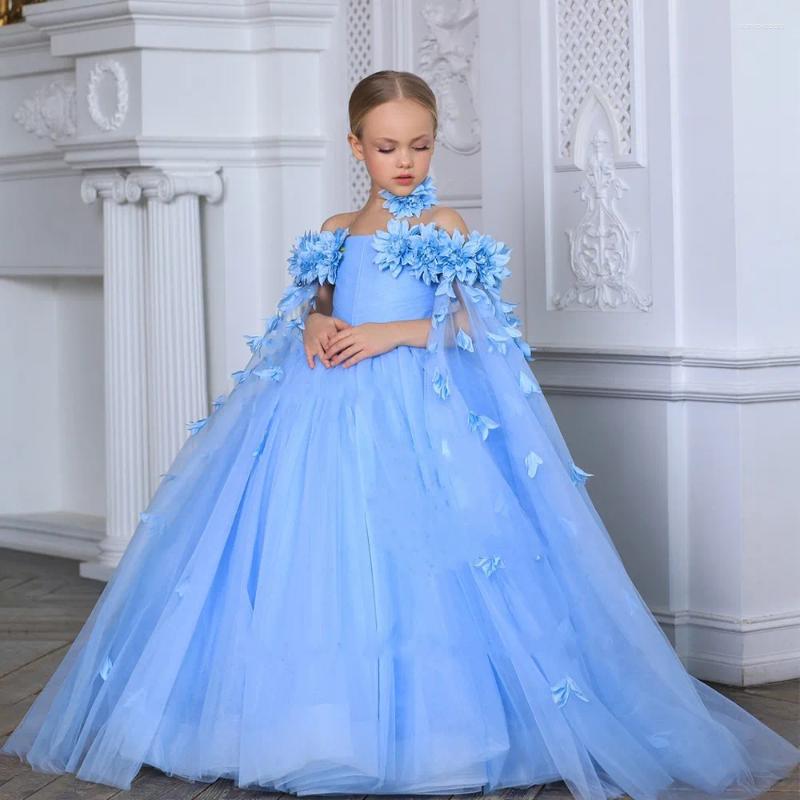 Sukienki dla dziewczynek niebieski kwiat na ślub 3D Applique Puffy Tiulle Off ramder Kid Kid Party