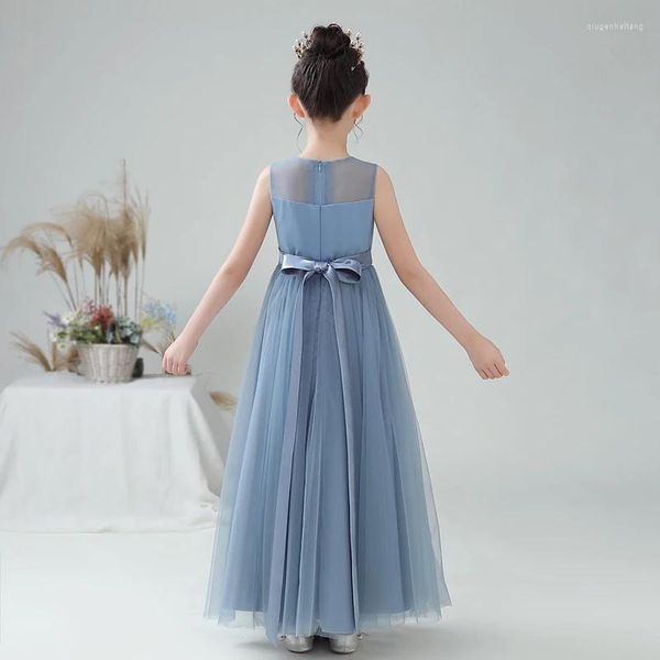 Fille robes fleur bleue pour mariage soirée Tulle filles formelle robe de princesse longue Junior robe de demoiselle d'honneur noeud papillon
