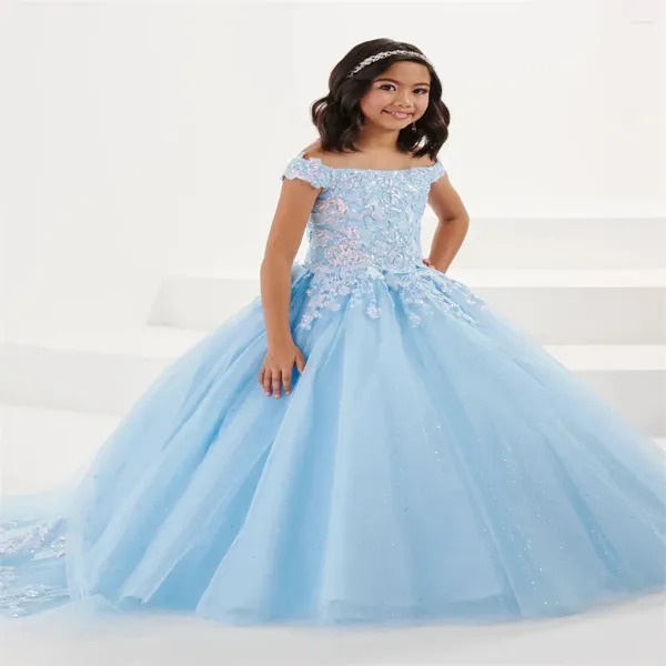 Vestidos de niña flor azul para boda encaje tul lentejuelas aplique cuello plano elegante niños vestidos de baile de primera comunión