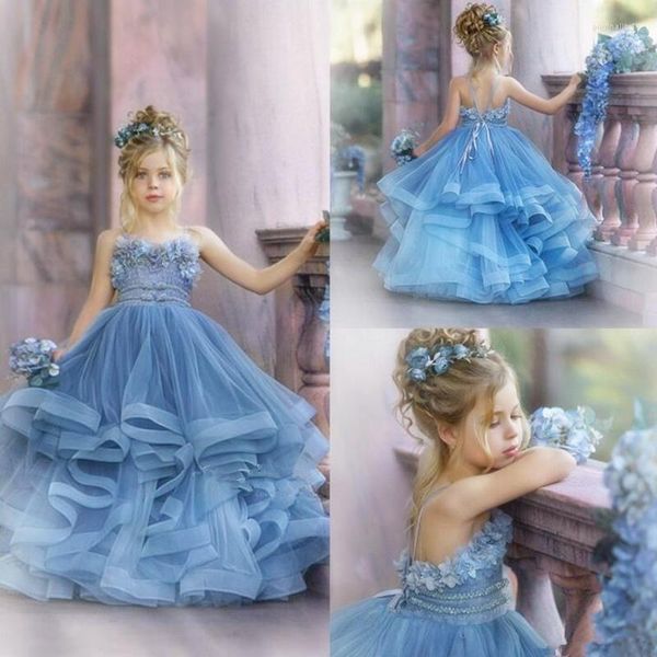 Robes de fille à fleurs bleues, robe trapèze exquise, sans manches, longueur au sol, pour concours de beauté, pour enfants de 1 à 14 ans