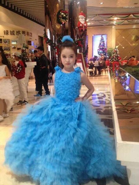 Robes de fille bleu magique princesse enfants habiller Costumes col rond longueur de plancher fait à la main fleur à plusieurs niveaux Tulle arcs concours